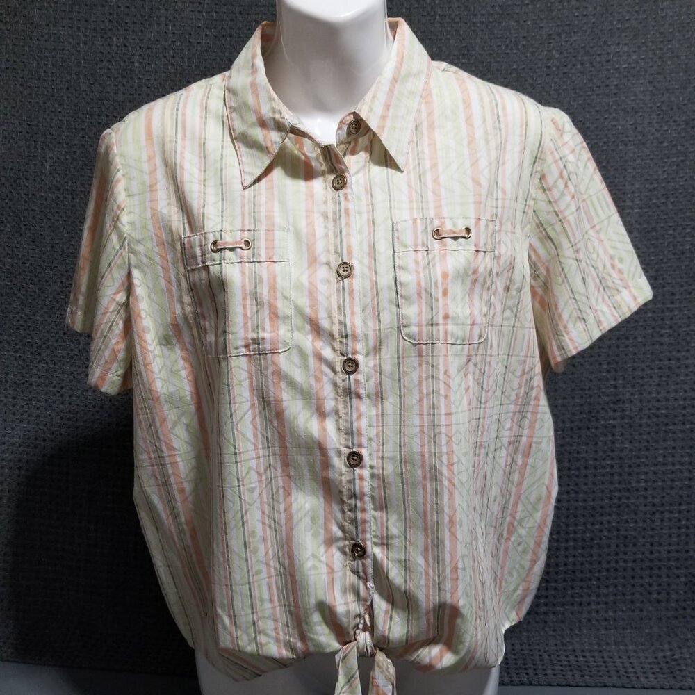 Alfred Dunner Stripe Tie Waist Button Front Blouse Women's 14P